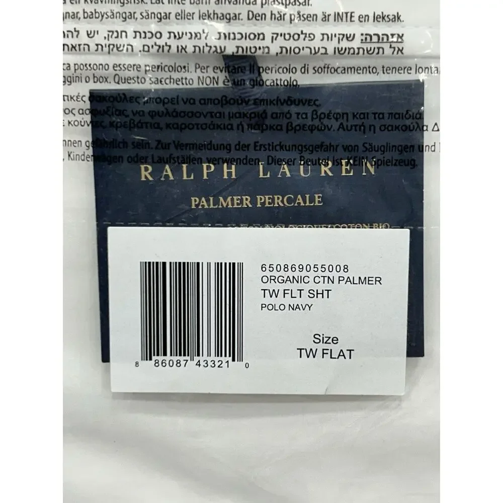 Ralph Lauren Palmer Percale Twin Flat Sheet White‎ Polo Navy NEW